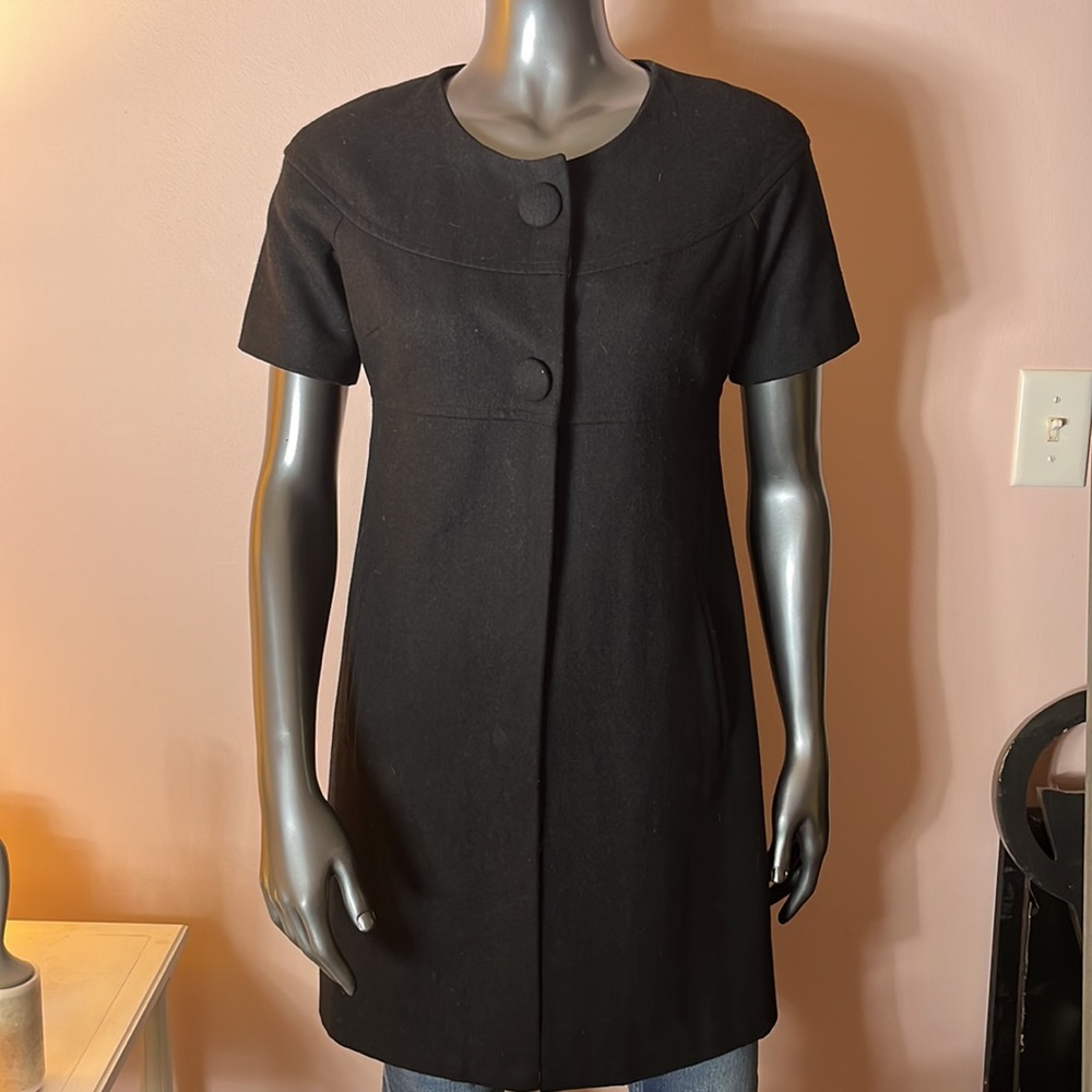Black Wool Short Sleeve Pea Coat Empire Waist Snap Button Closure Sz Small